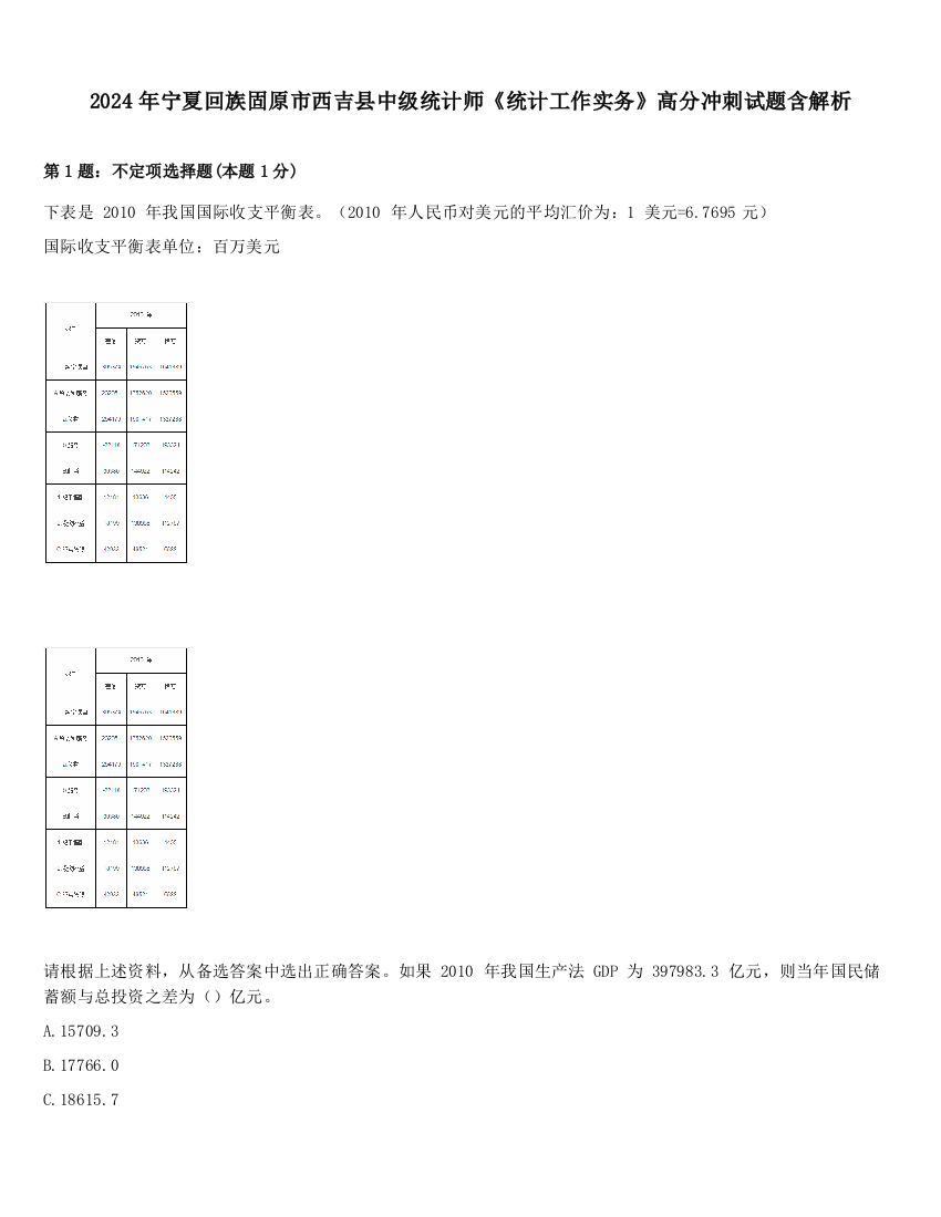 2024年宁夏回族固原市西吉县中级统计师《统计工作实务》高分冲刺试题含解析