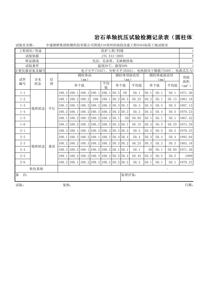 岩石单轴抗压试验检测记录表（圆柱体）