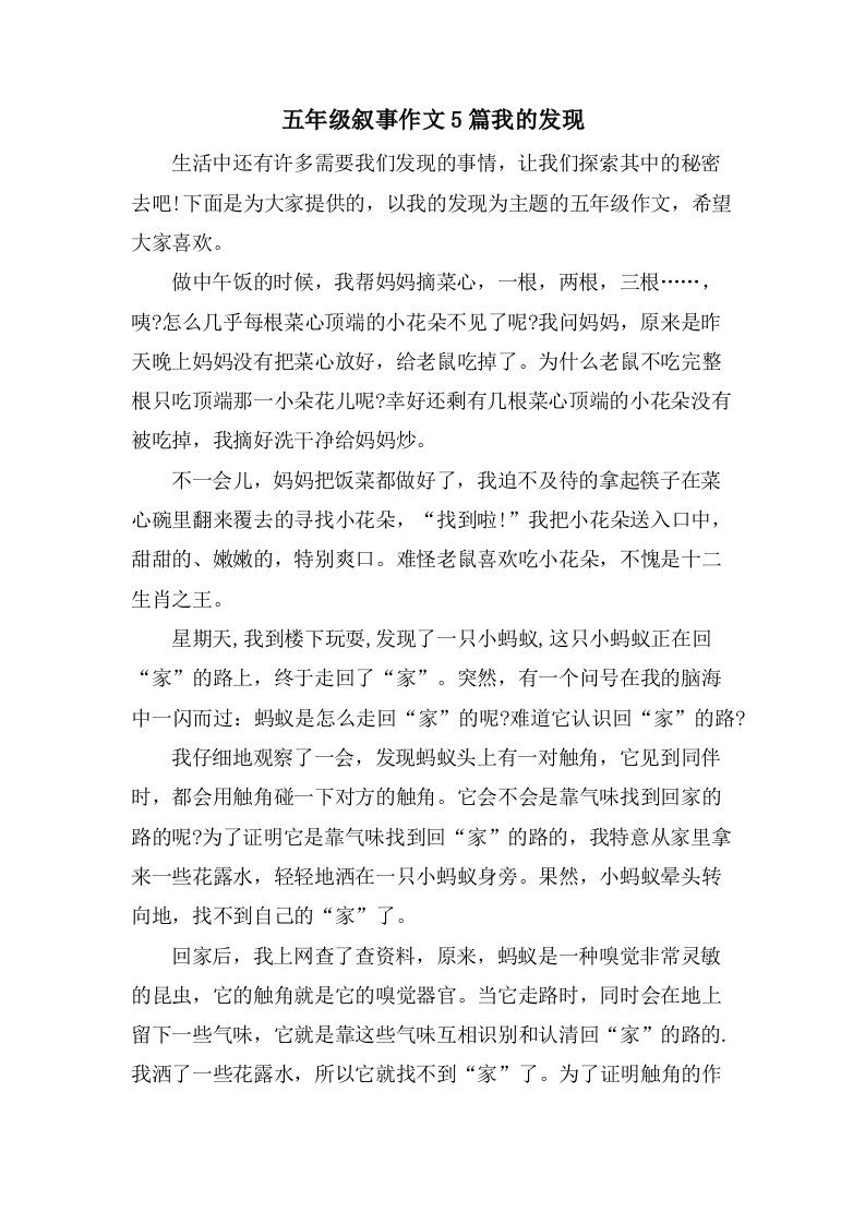 五年级叙事作文5篇我的发现