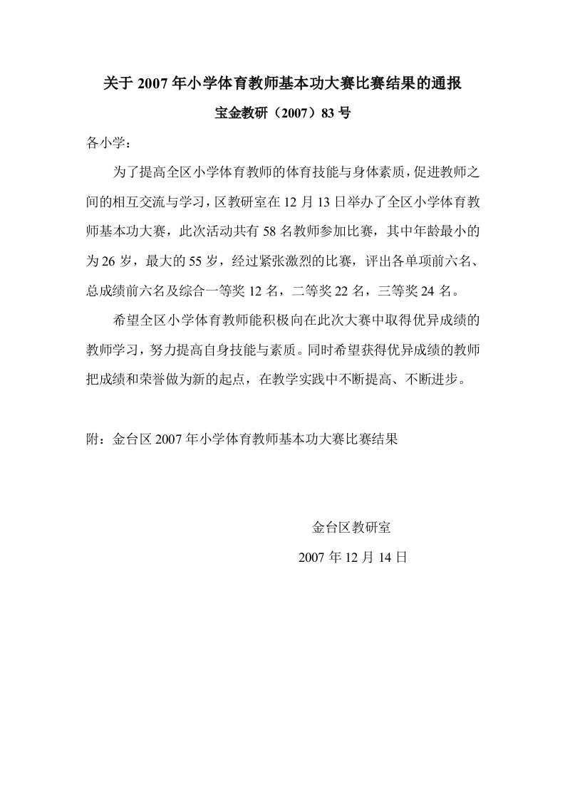 关于2007年小学体育教师基本功大赛比赛结果的通报