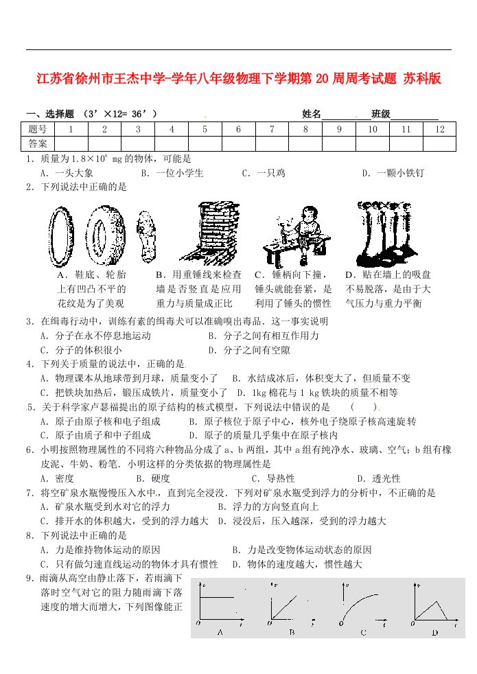 江苏省徐州市王杰中学八级物理下学期第20周周考试题