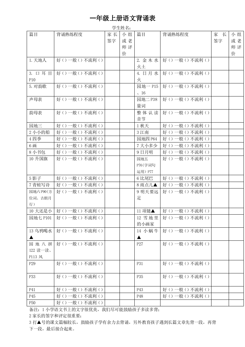 一年级上册语文背诵表(部编版)