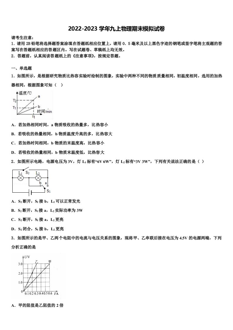 天津市滨海新区枫叶国际学校2022年物理九年级第一学期期末学业质量监测试题含解析