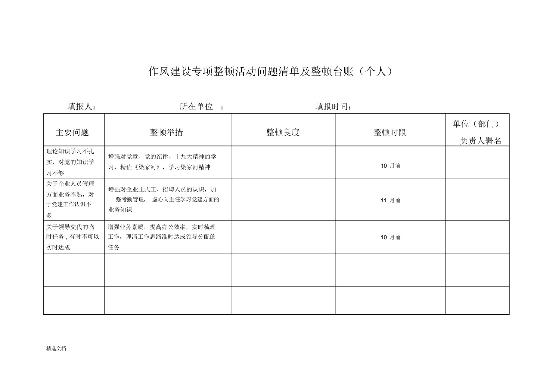 个人作风建设专项整治活动问题清单及整改台账