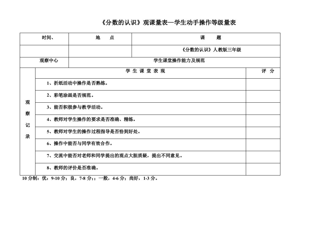 小学数学课堂观察量表