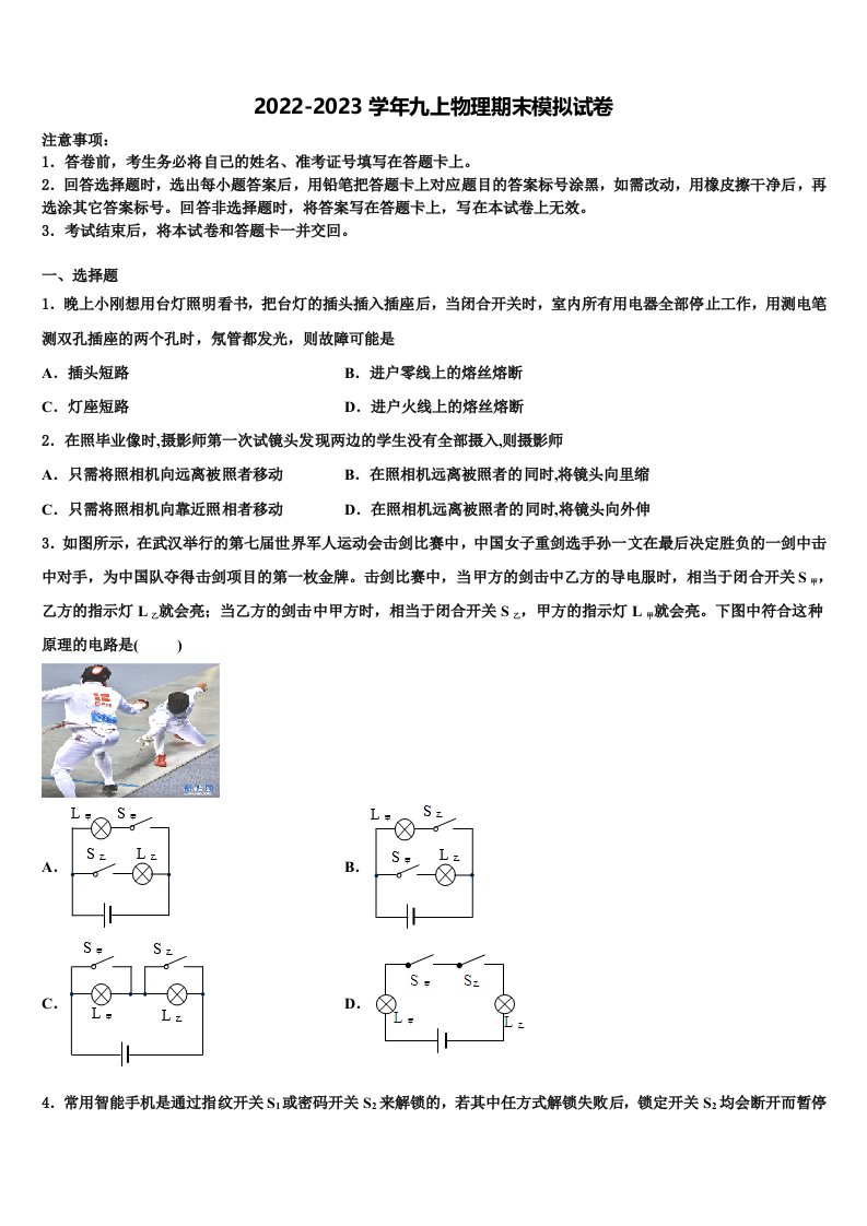 湖北省襄阳市枣阳市第五中学2022年物理九年级第一学期期末检测试题含解析