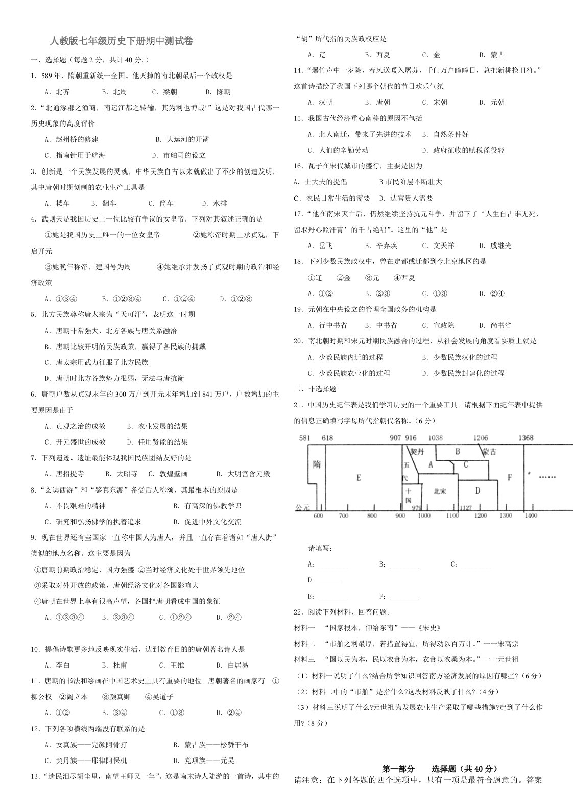 人教版七年级历史下册期中测试卷