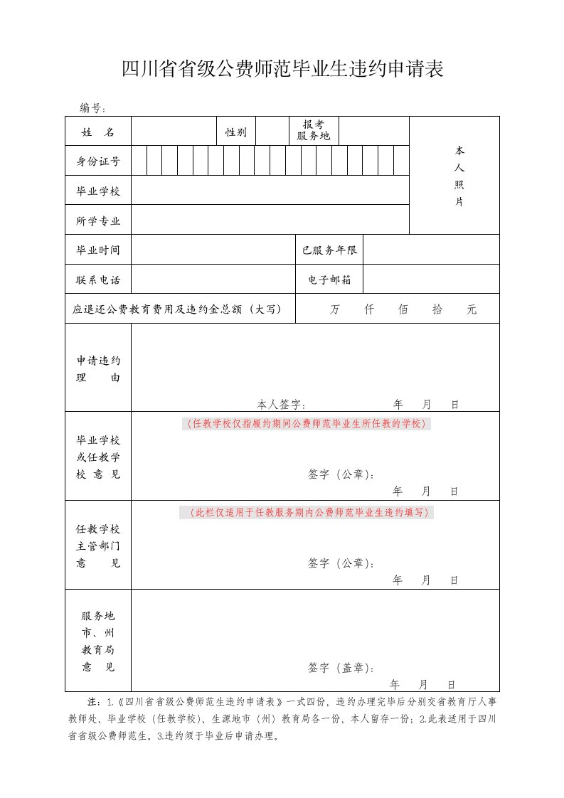 四川省省级公费师范毕业生违约申请表