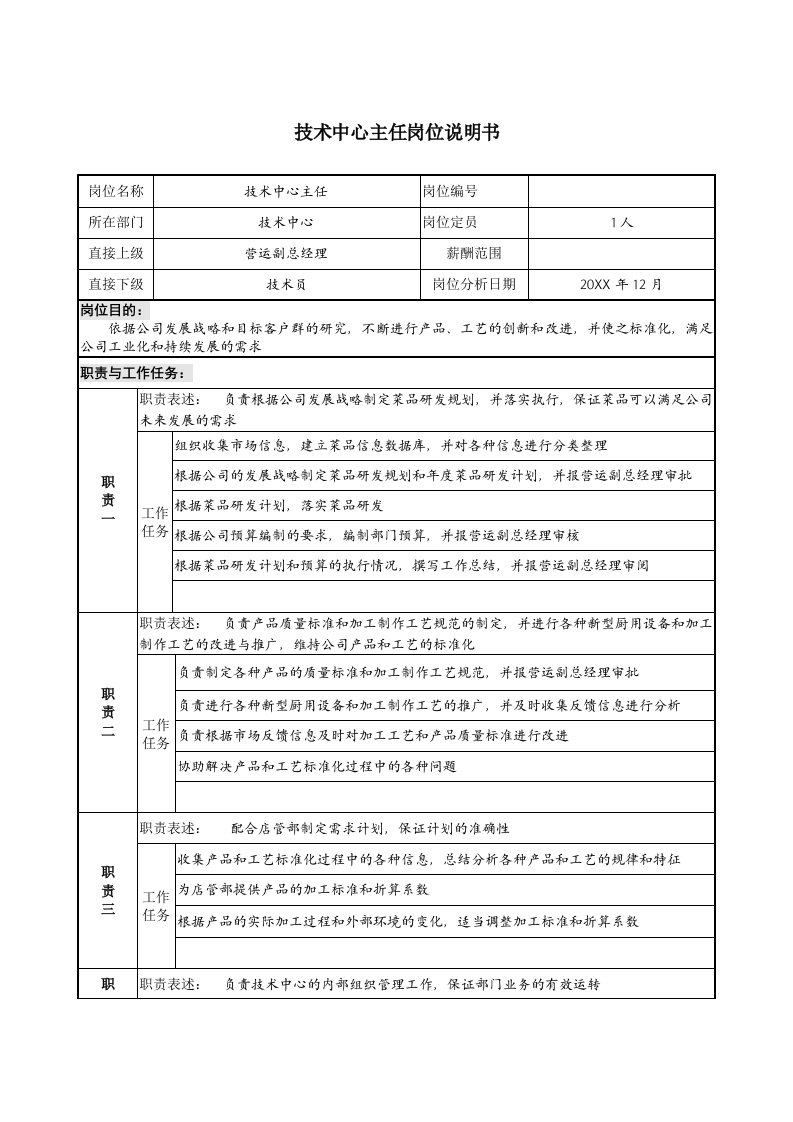 餐饮技术-餐饮企业技术中心主任岗位说明书