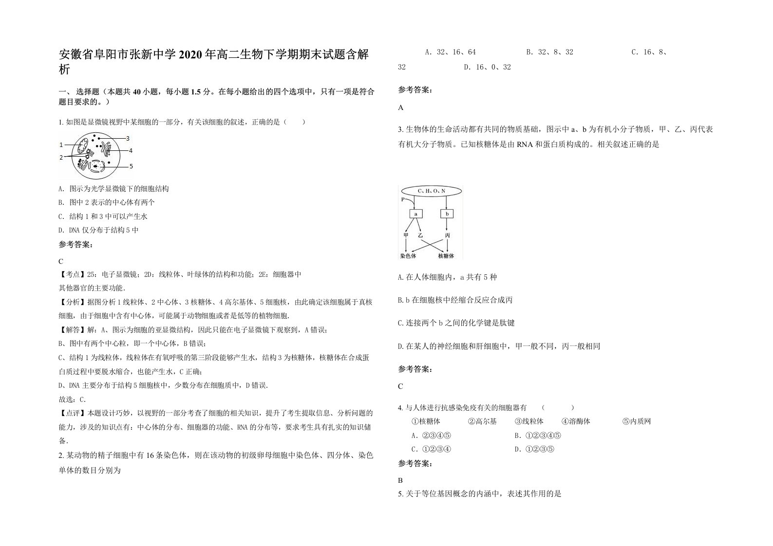 安徽省阜阳市张新中学2020年高二生物下学期期末试题含解析