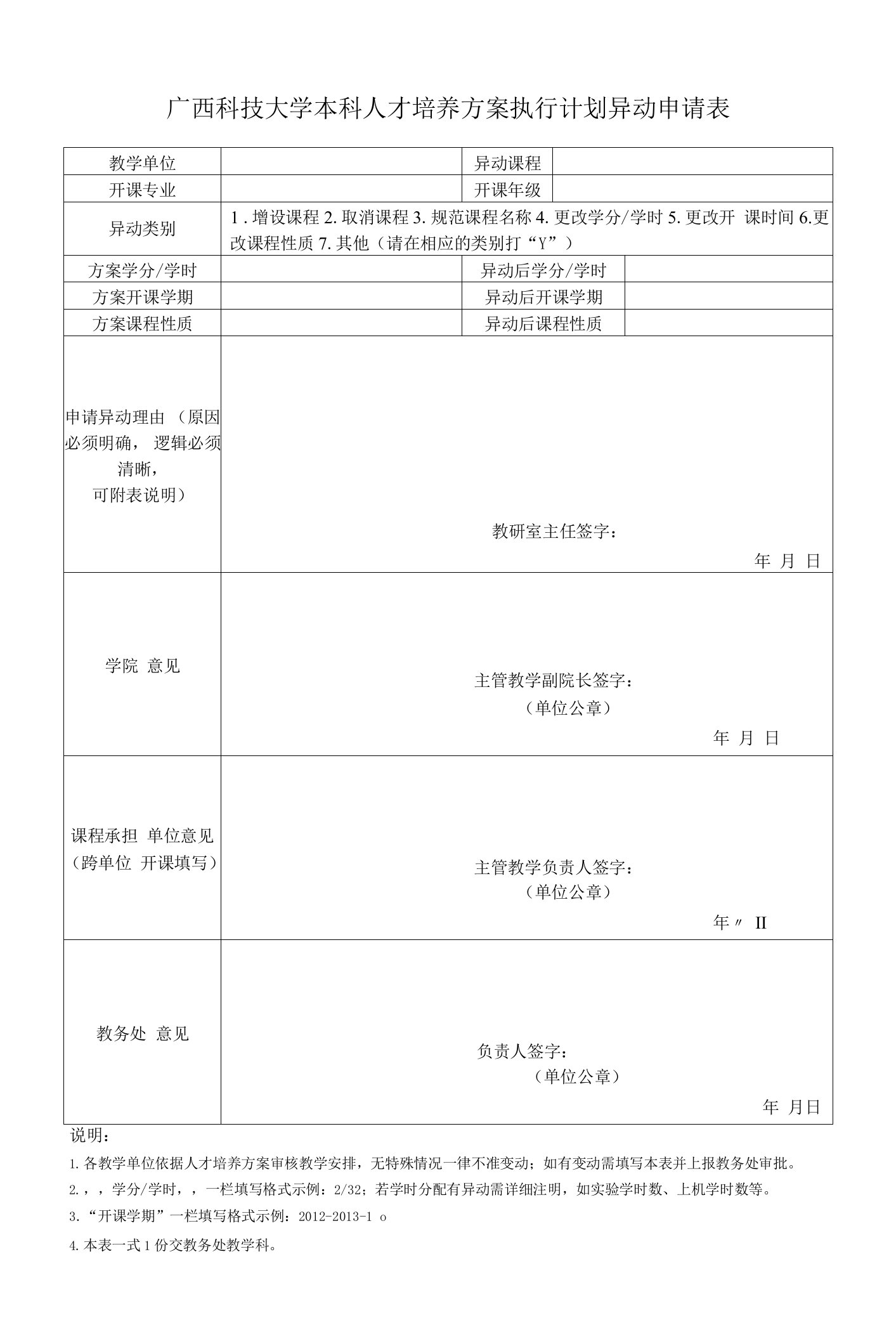 广西科技大学本科人才培养方案执行计划异动申请表