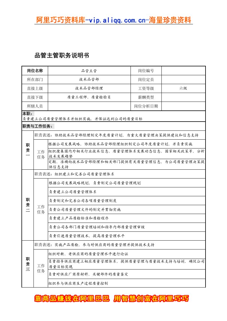 宁波华能贸易公司品质管理部品管主管职务说明书