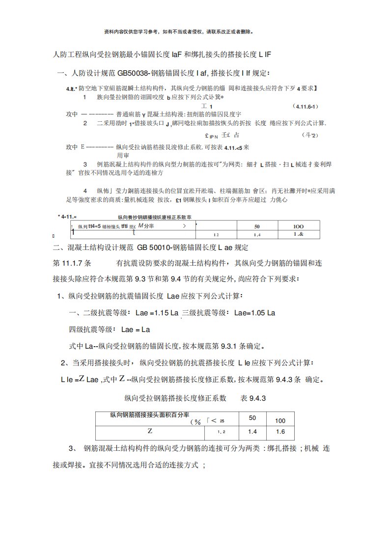 人防工程锚固长度和搭接长度样本