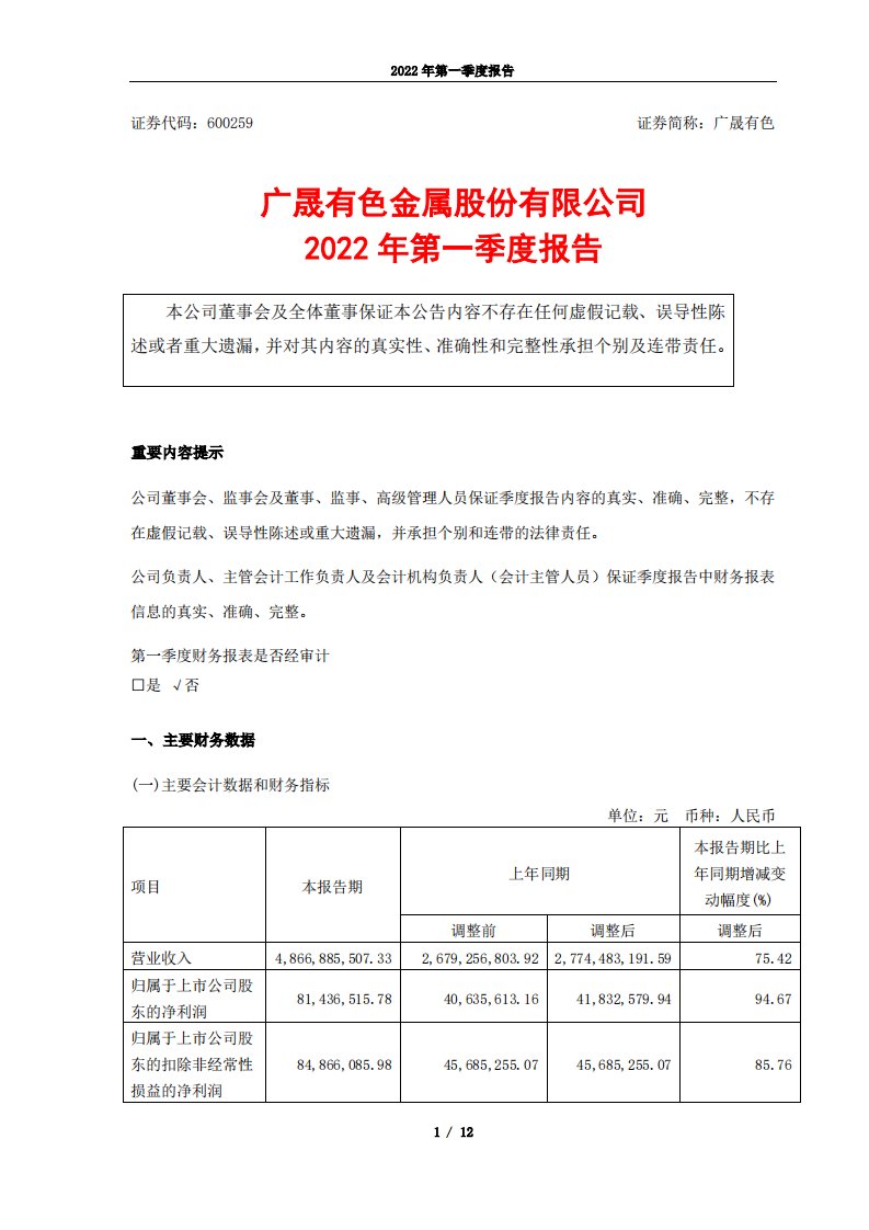 上交所-广晟有色金属股份有限公司2022年第一季度报告-20220428