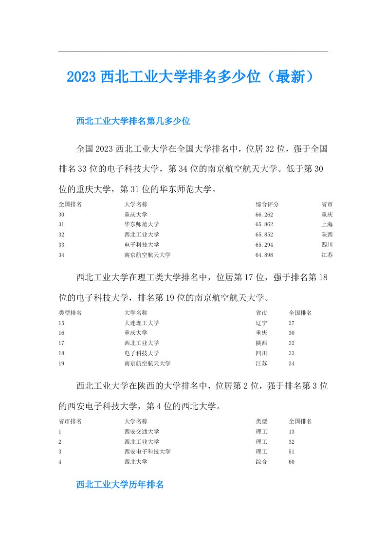 西北工业大学排名多少位（最新）