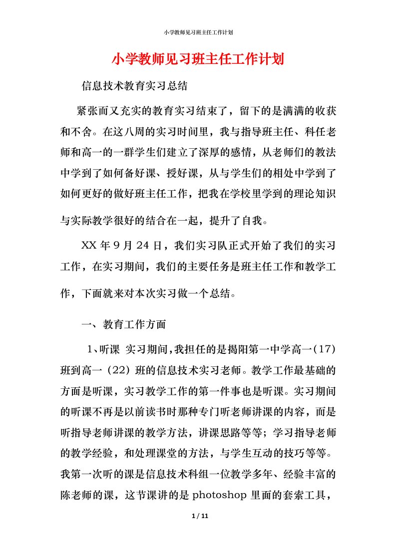 小学教师见习班主任工作计划