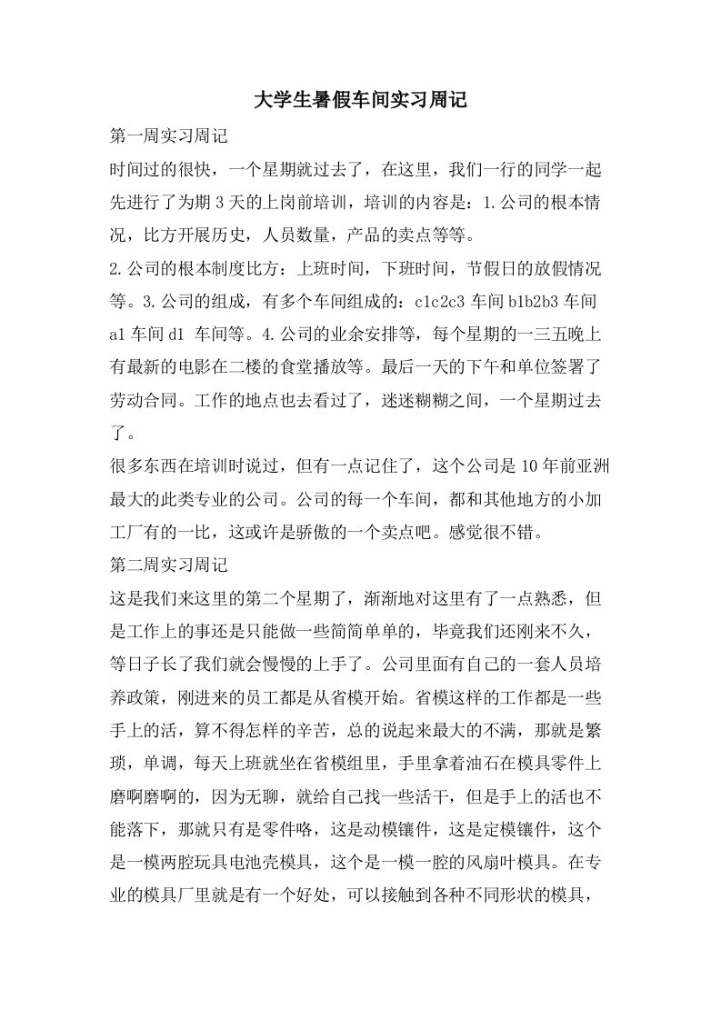 大学生暑假车间实习周记