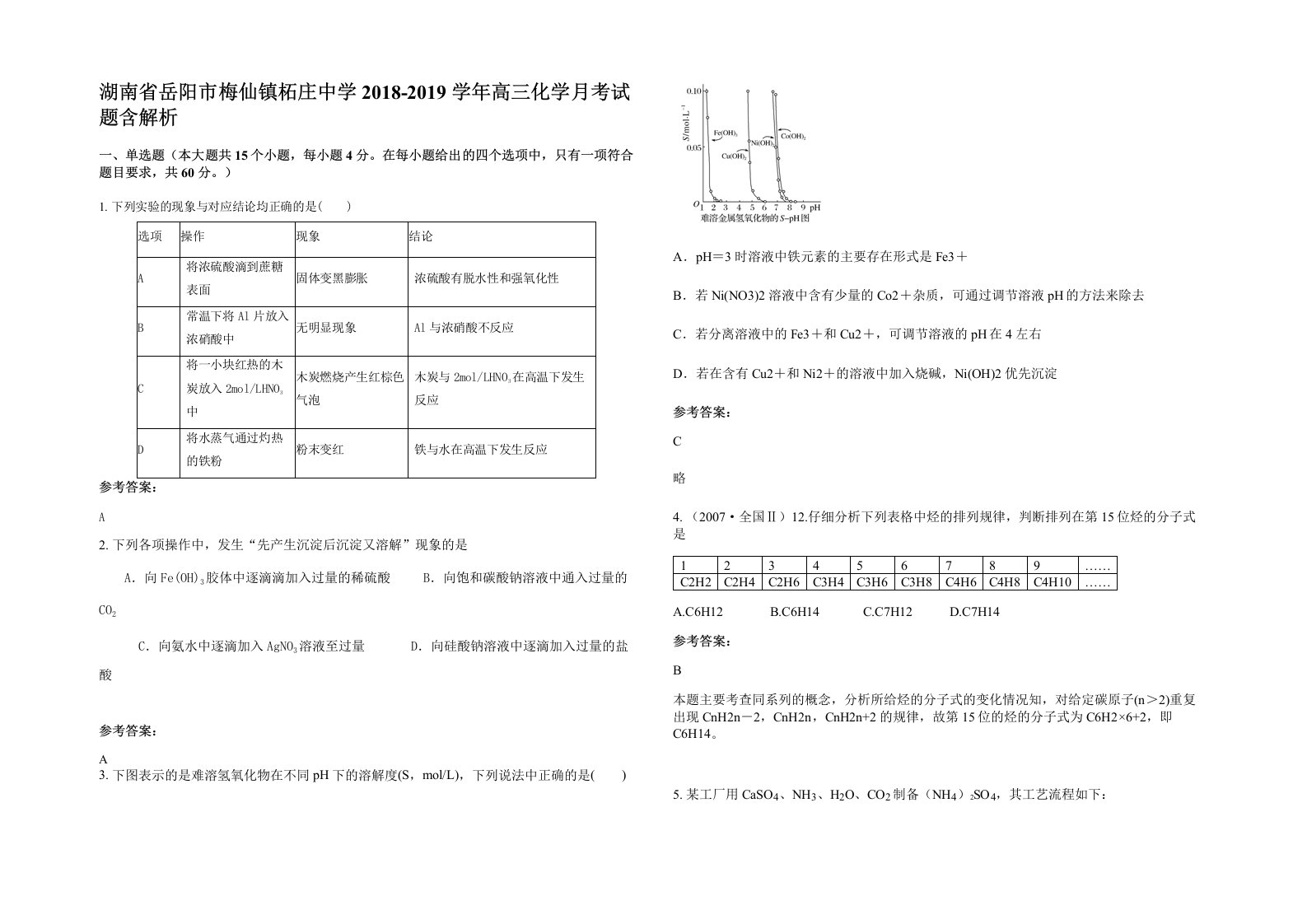 湖南省岳阳市梅仙镇柘庄中学2018-2019学年高三化学月考试题含解析