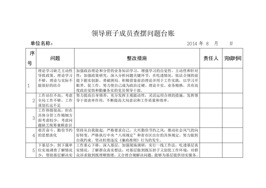 领导班子成员查摆问题台账