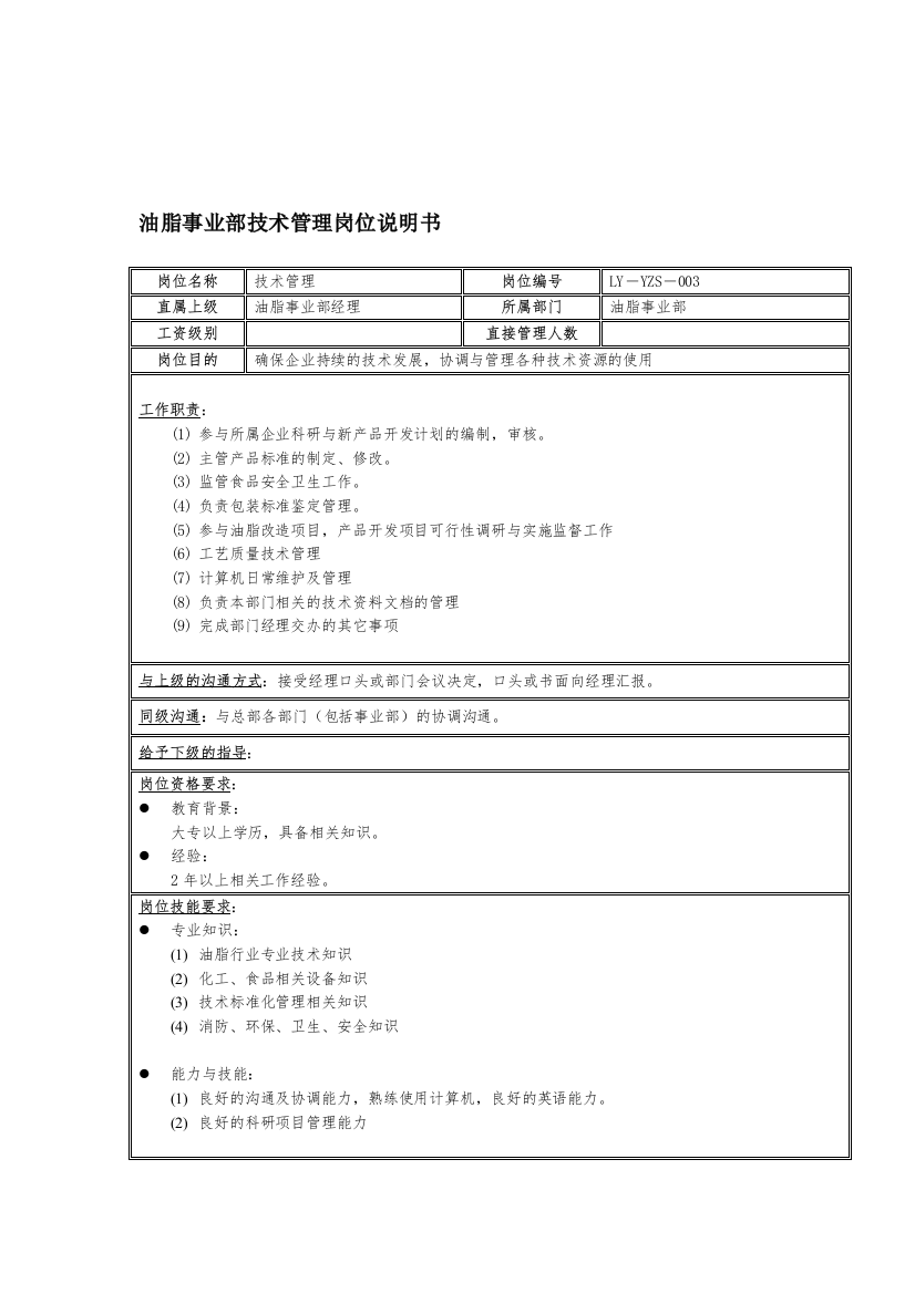 油脂事业部技术管理岗位说明书