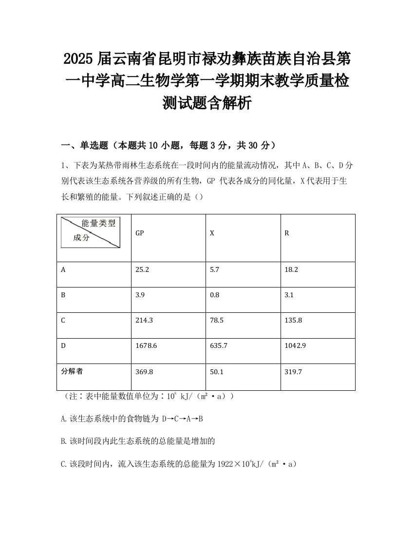 2025届云南省昆明市禄劝彝族苗族自治县第一中学高二生物学第一学期期末教学质量检测试题含解析