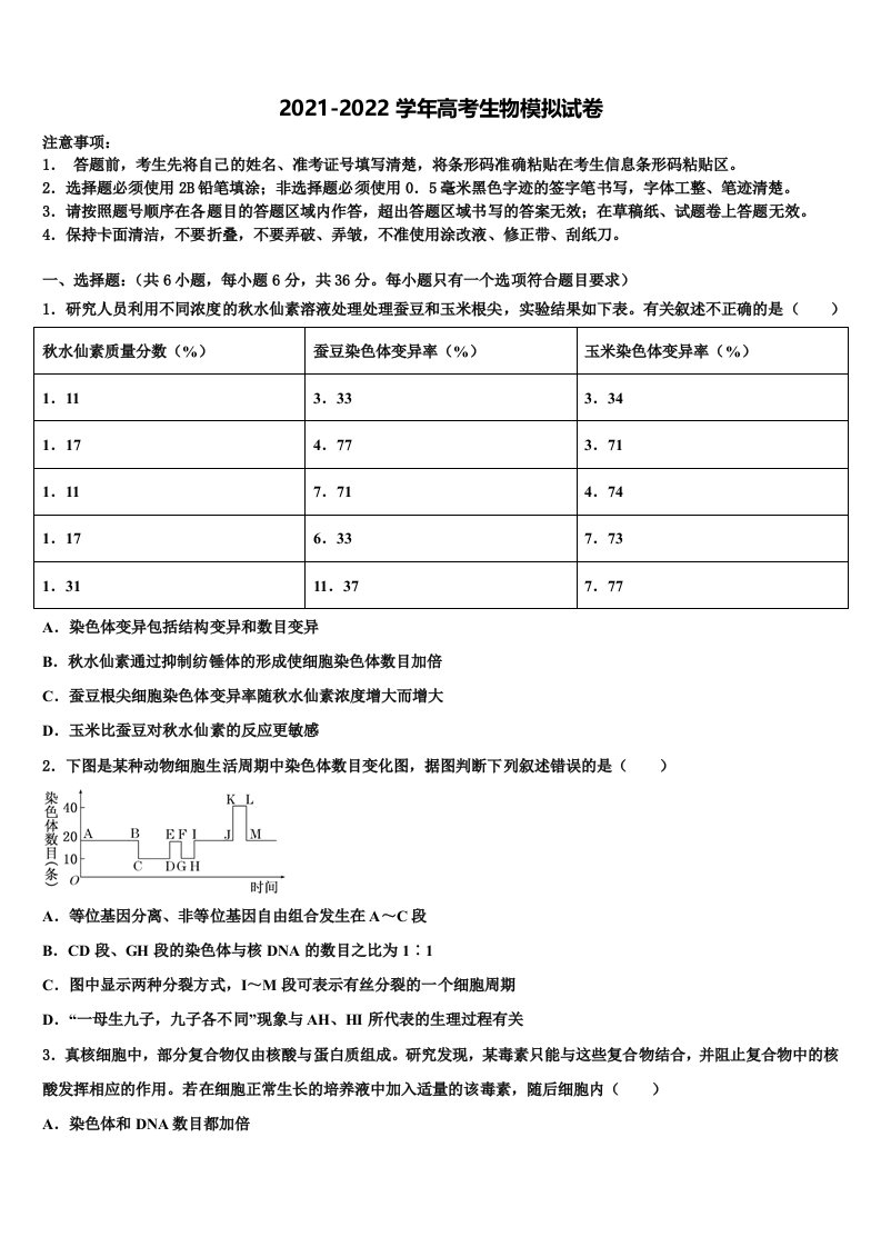 2022届辽宁省大连市普兰店区第一中学高三第四次模拟考试生物试卷含解析