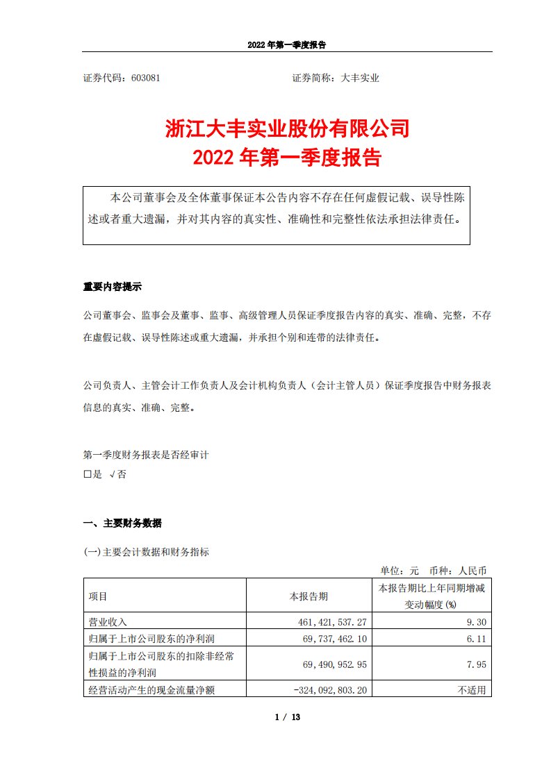 上交所-浙江大丰实业股份有限公司2022年第一季度报告-20220425