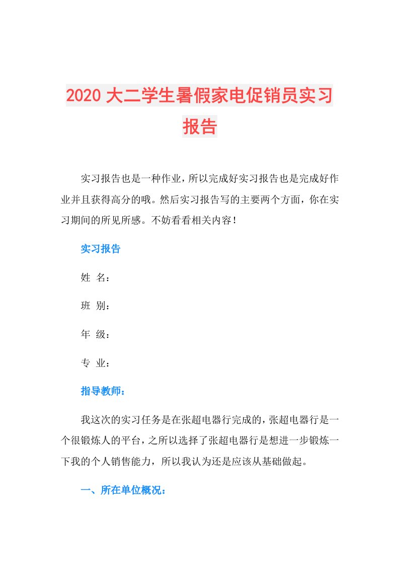 大二学生暑假家电促销员实习报告