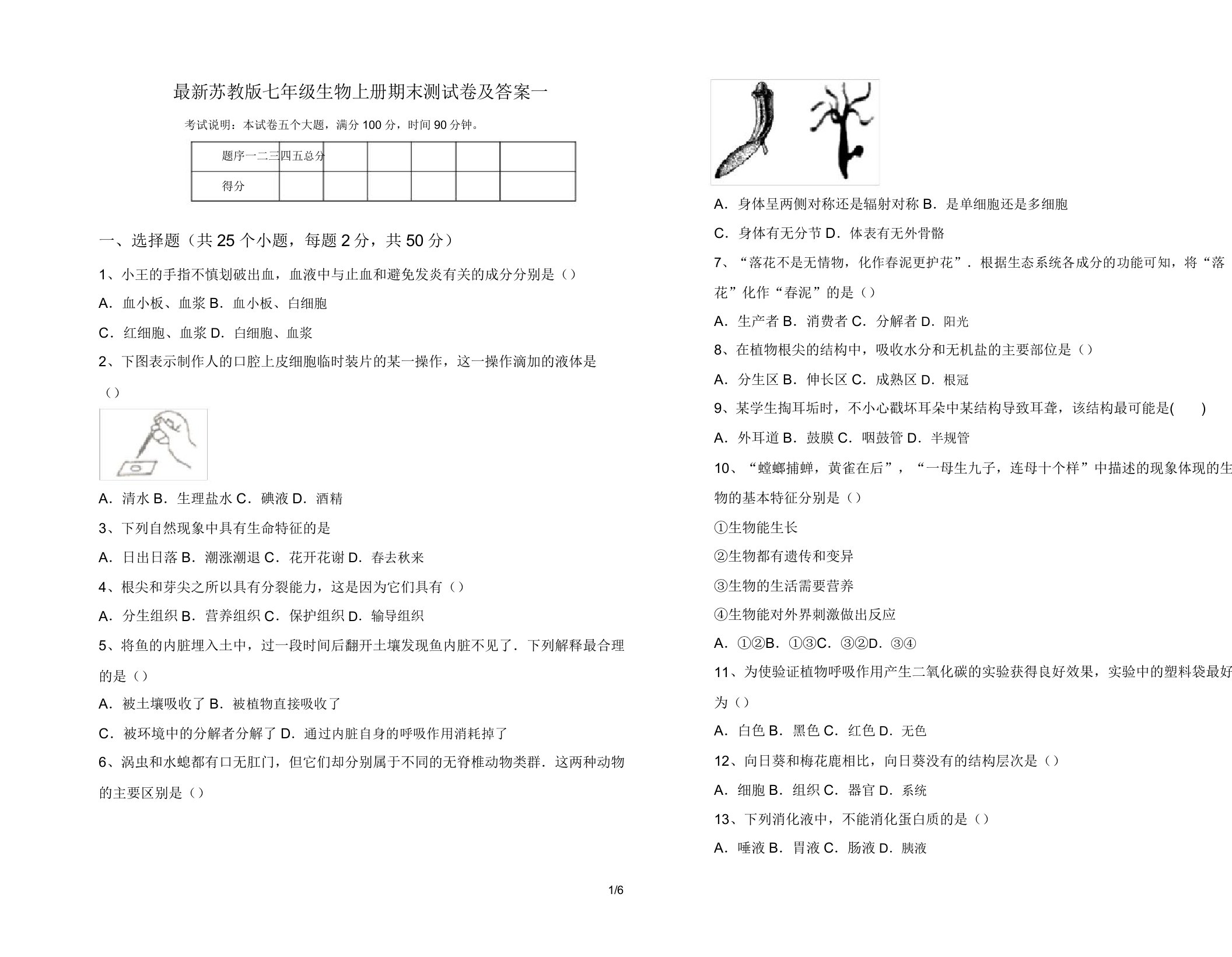 最新苏教版七年级生物上册期末测试卷及答案一