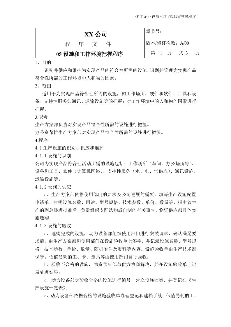 化工企业设施和工作环境控制程序