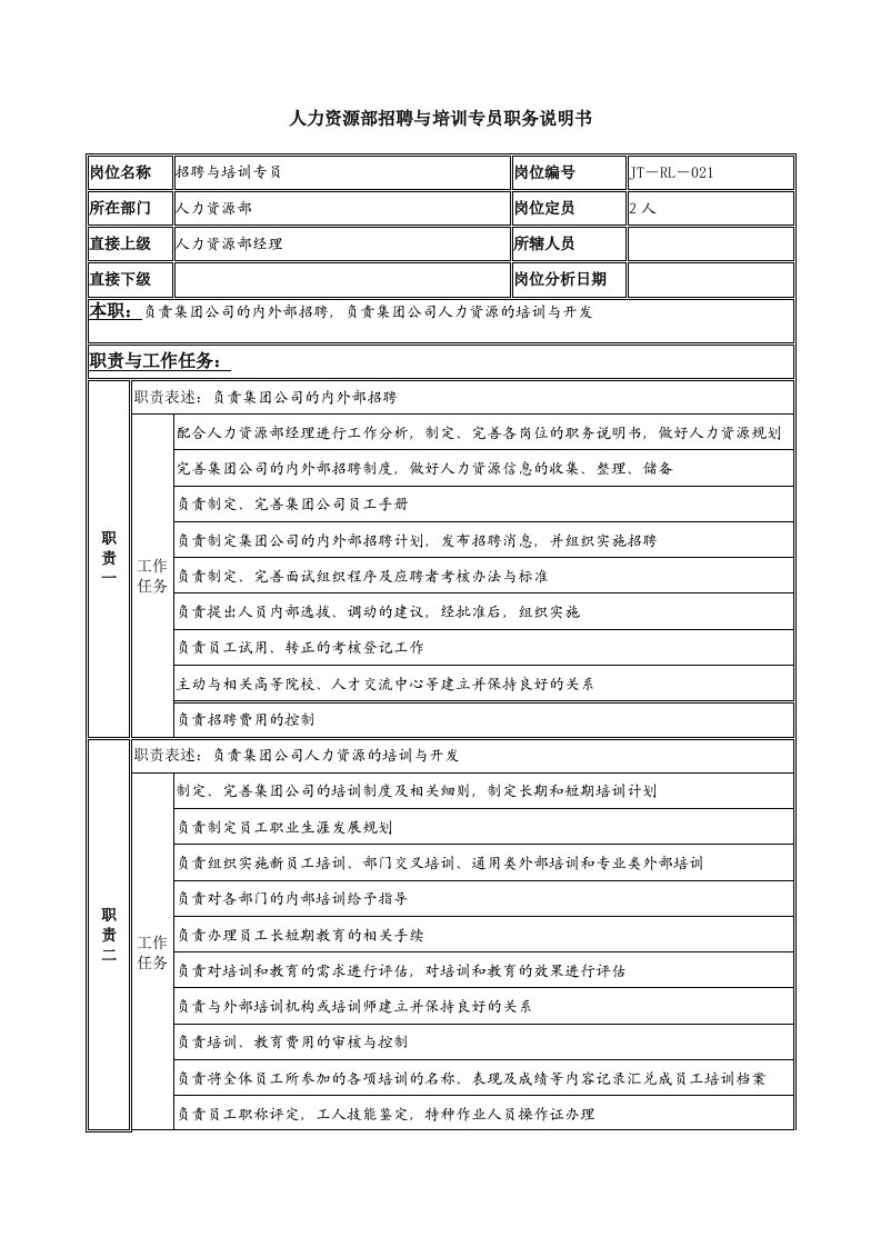 【服务管理】人力资源部招聘与培训专员岗位说明书