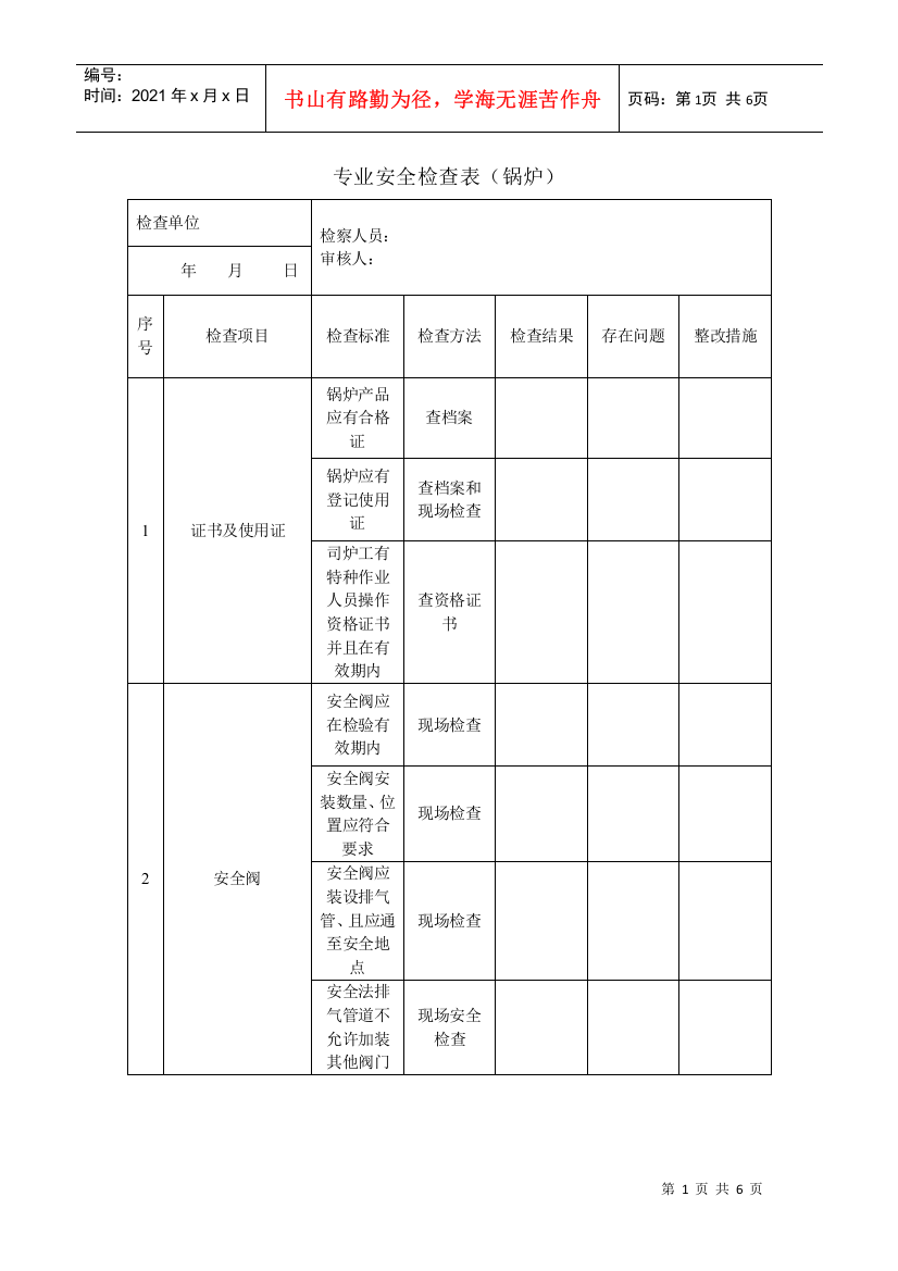 专业安全检查表