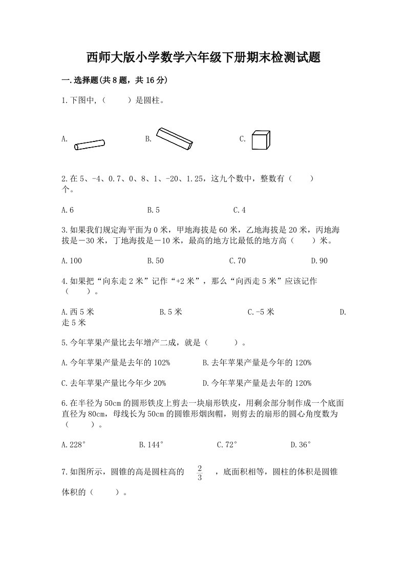 西师大版小学数学六年级下册期末检测试题精品