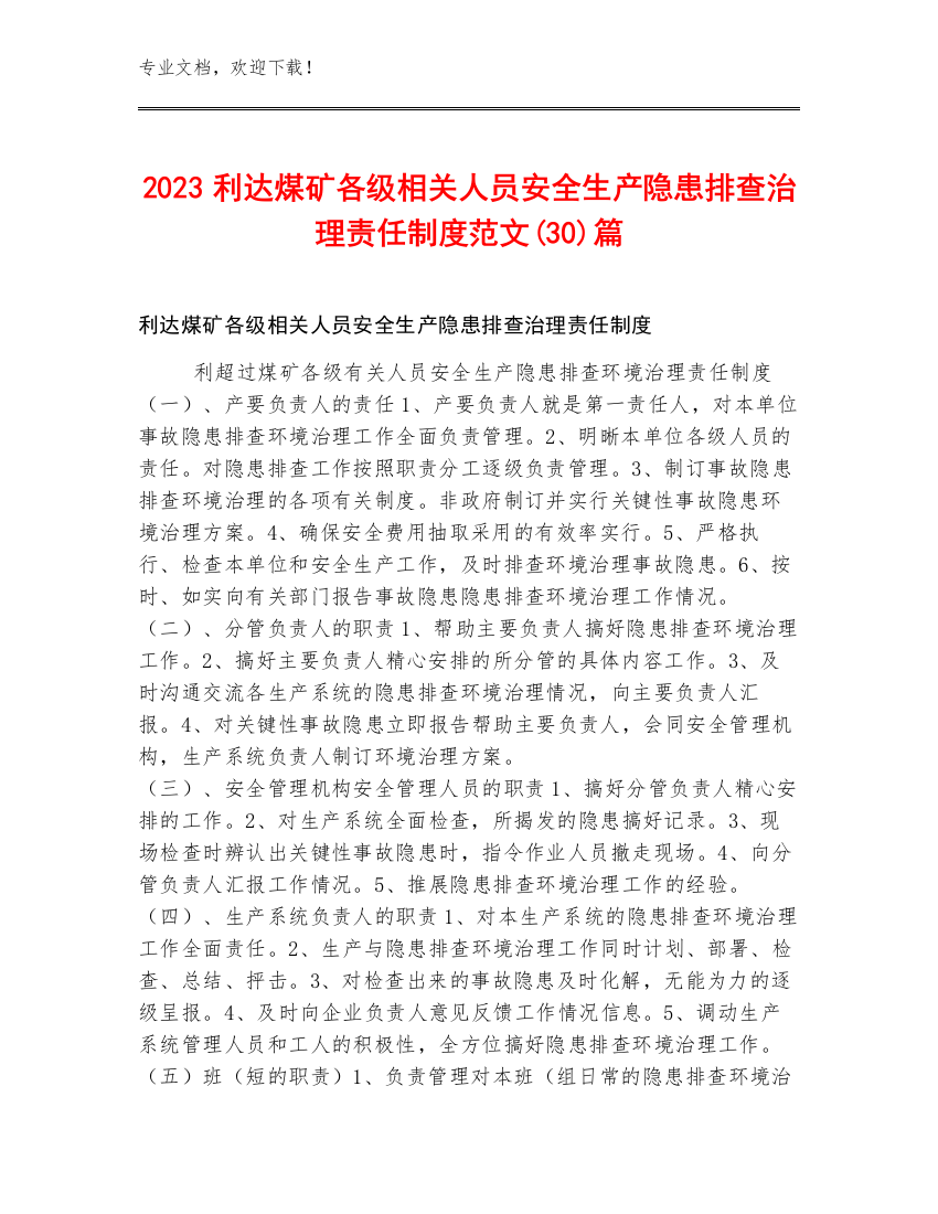 2023利达煤矿各级相关人员安全生产隐患排查治理责任制度范文(30)篇