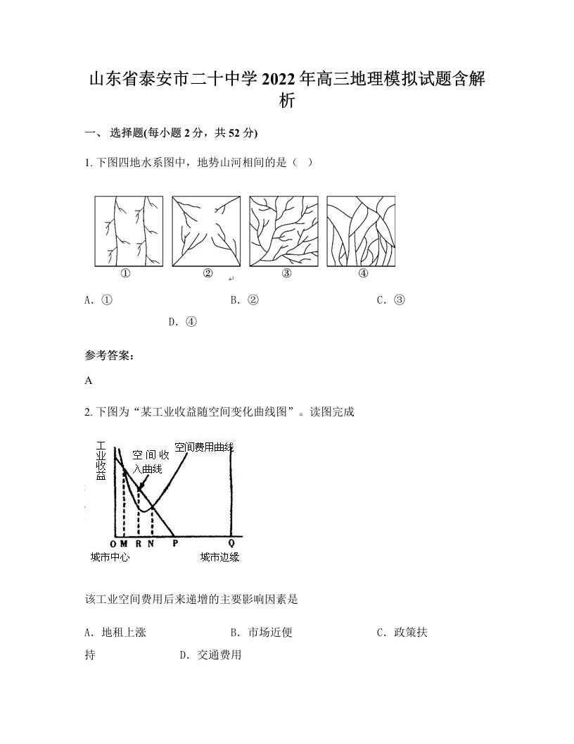 山东省泰安市二十中学2022年高三地理模拟试题含解析