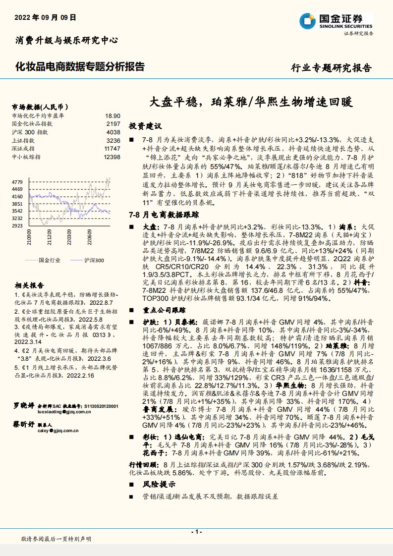 化妆品行业电商数据专题分析报告：大盘平稳，珀莱雅华熙生物增速回暖