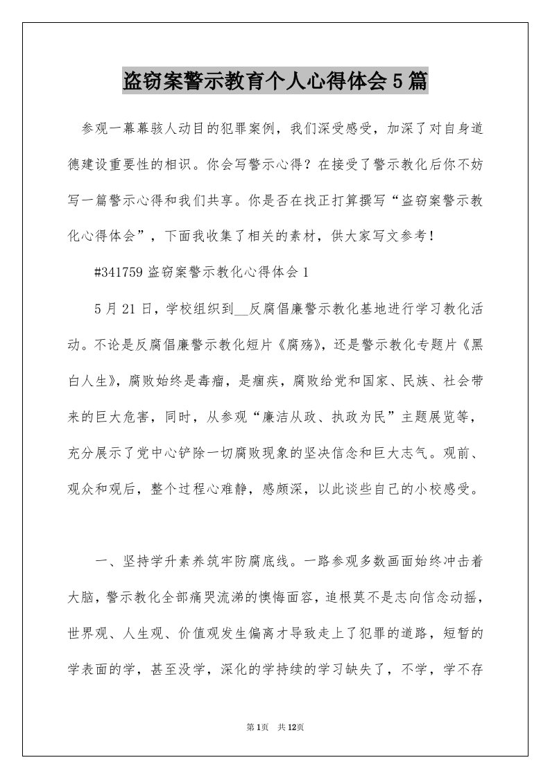 盗窃案警示教育个人心得体会5篇