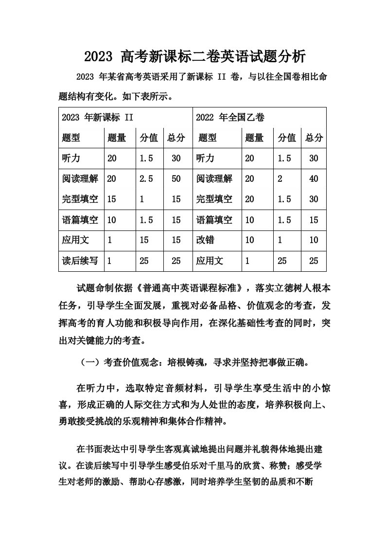 2023高考新课标二卷英语试题分析