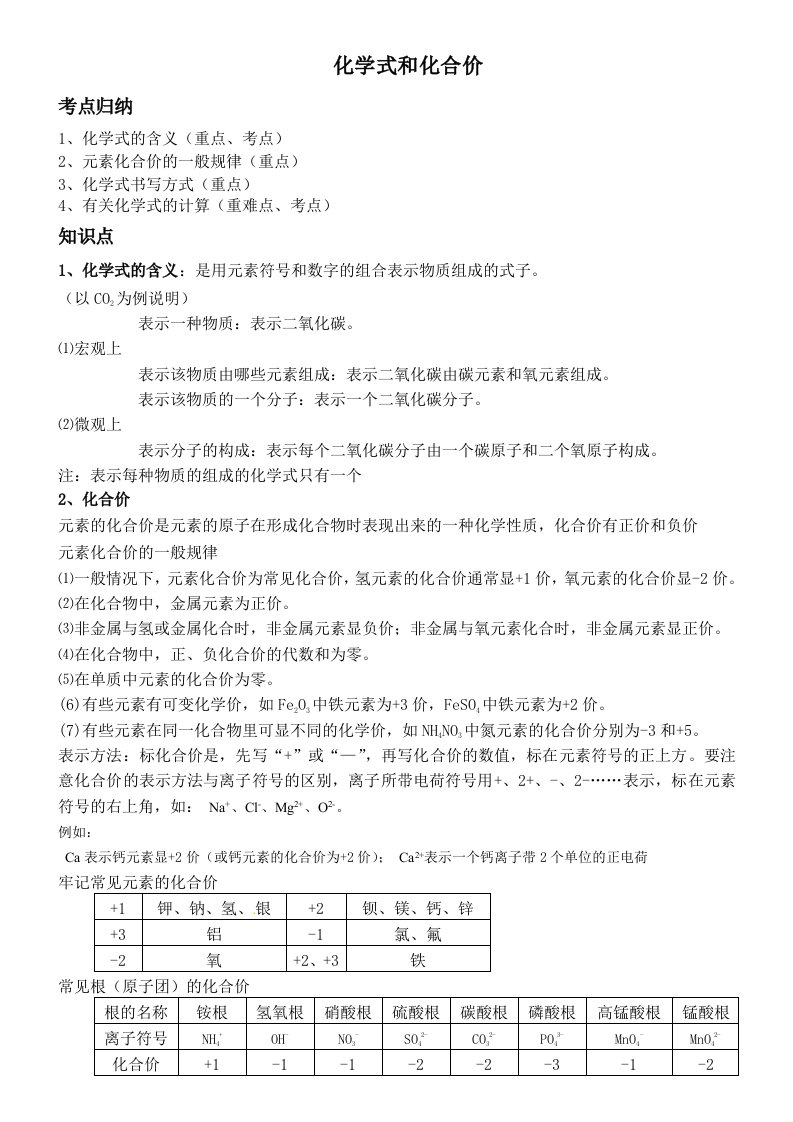 初三化学知识点总结：化学式和化合价