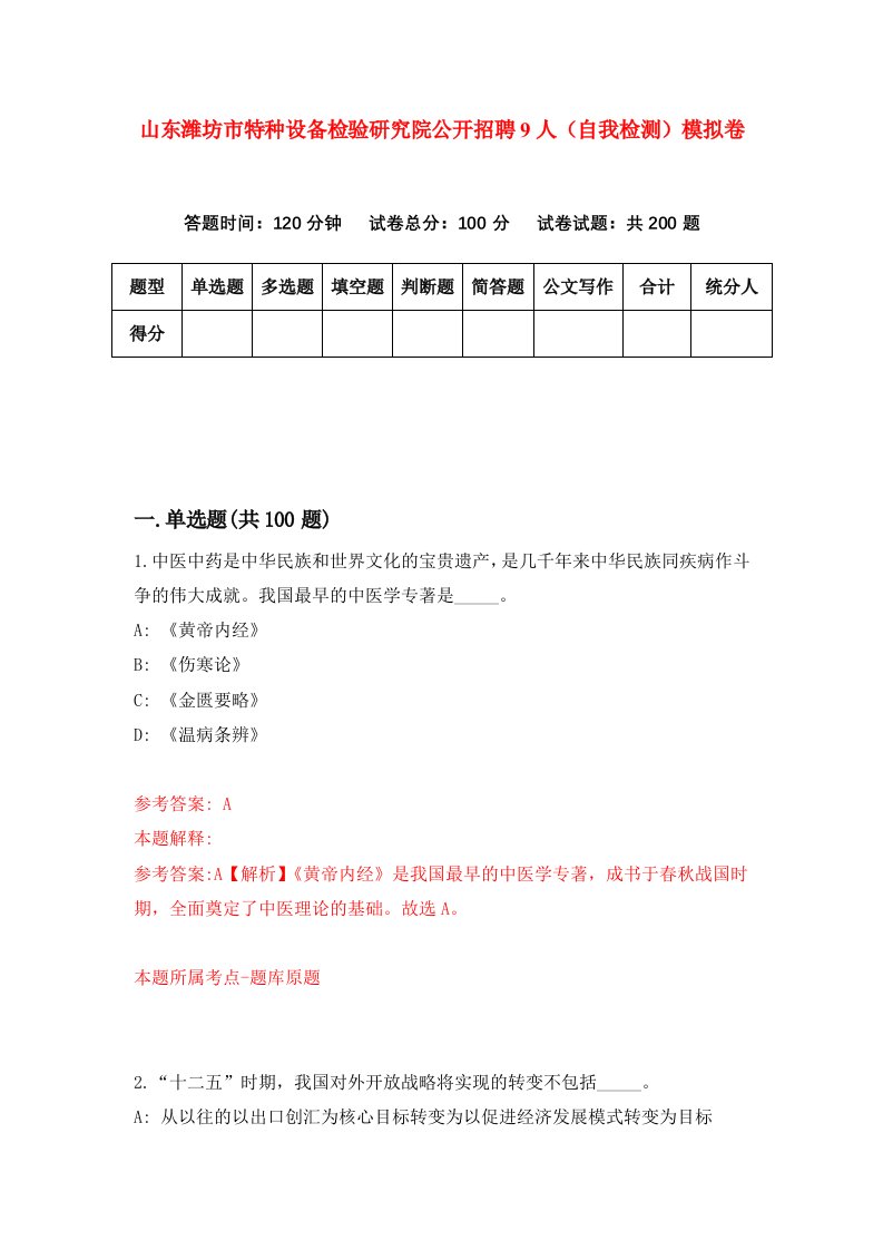 山东潍坊市特种设备检验研究院公开招聘9人自我检测模拟卷1