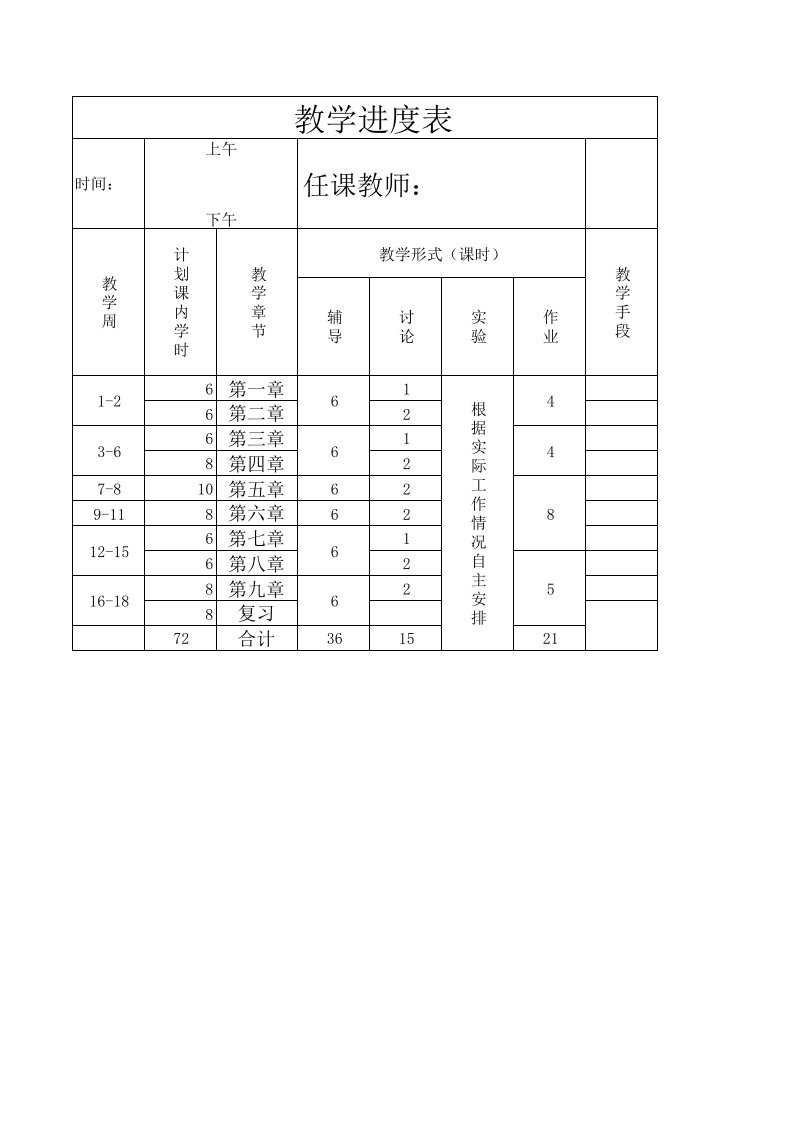 excel电子表格样表之教学进度表