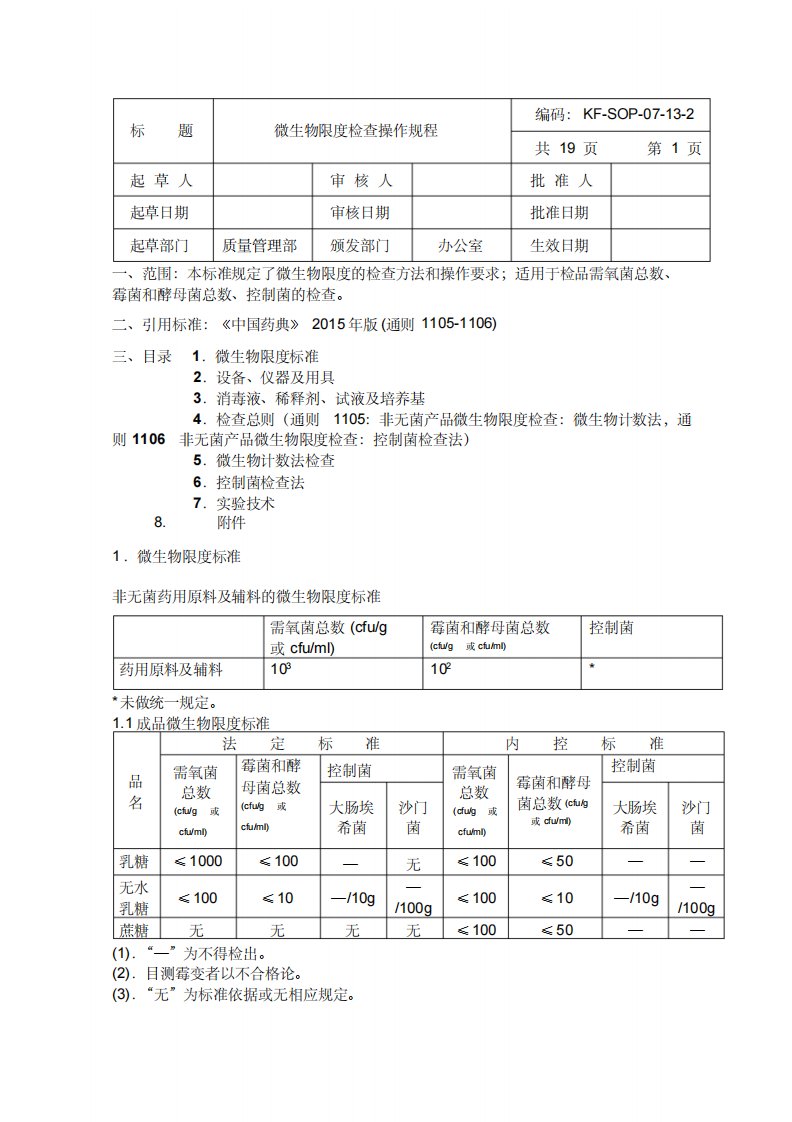 微生物限度检查操作规程(中国药典15版四部通则)