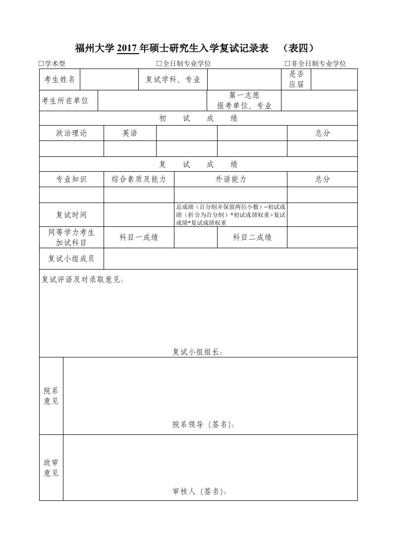 福州大学2017年硕士研究生入学复试记录表表四