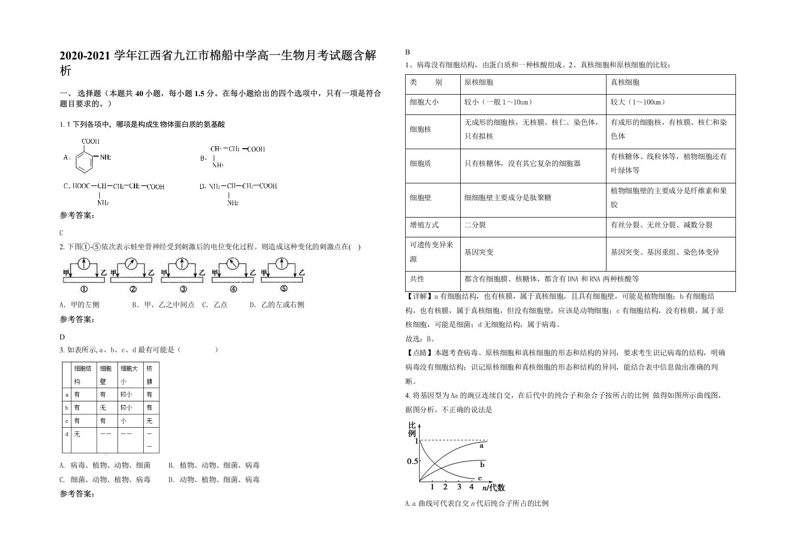 2020-2021学年江西省九江市棉船中学高一生物月考试题含解析