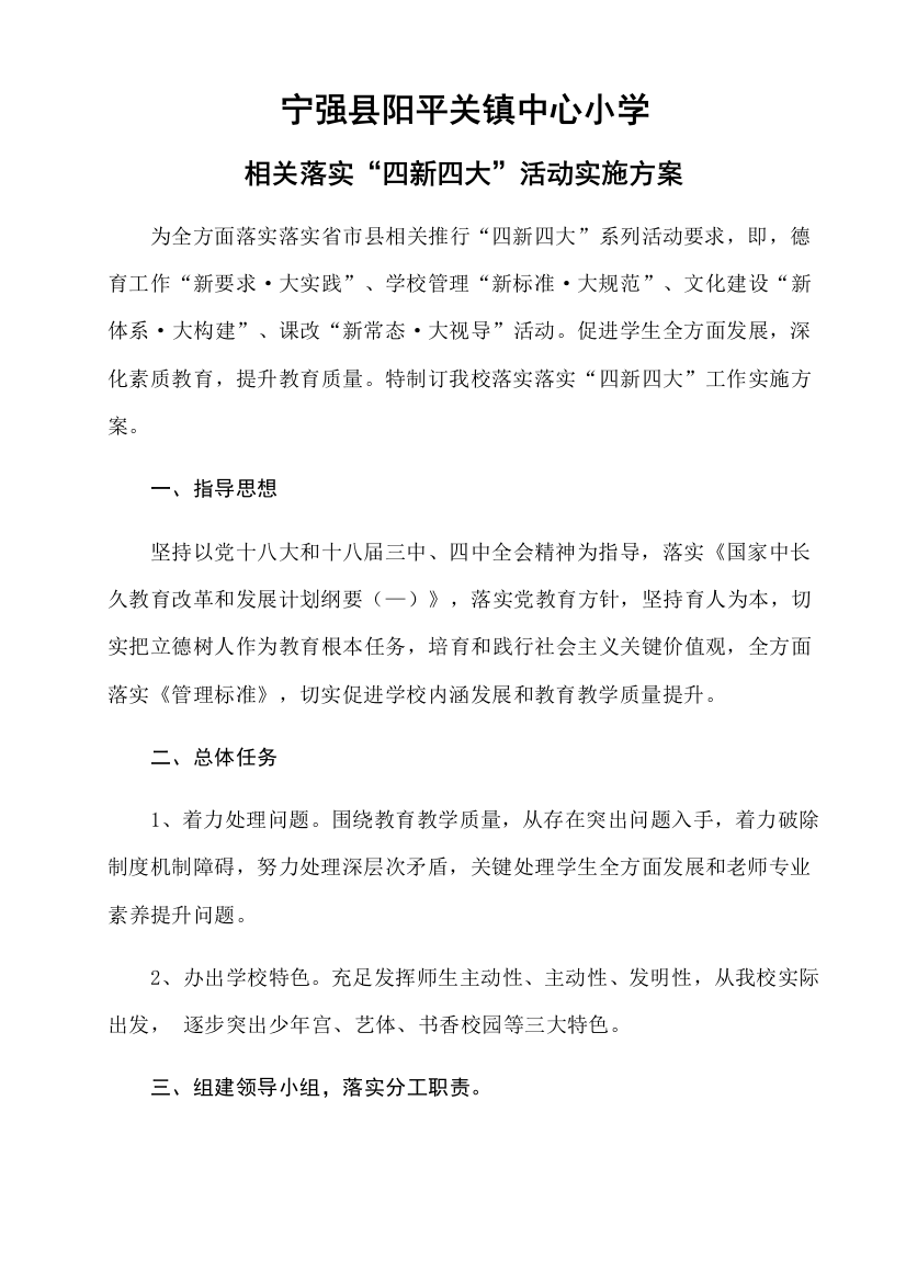 宁强县阳平关镇中心小学四大四新专项方案