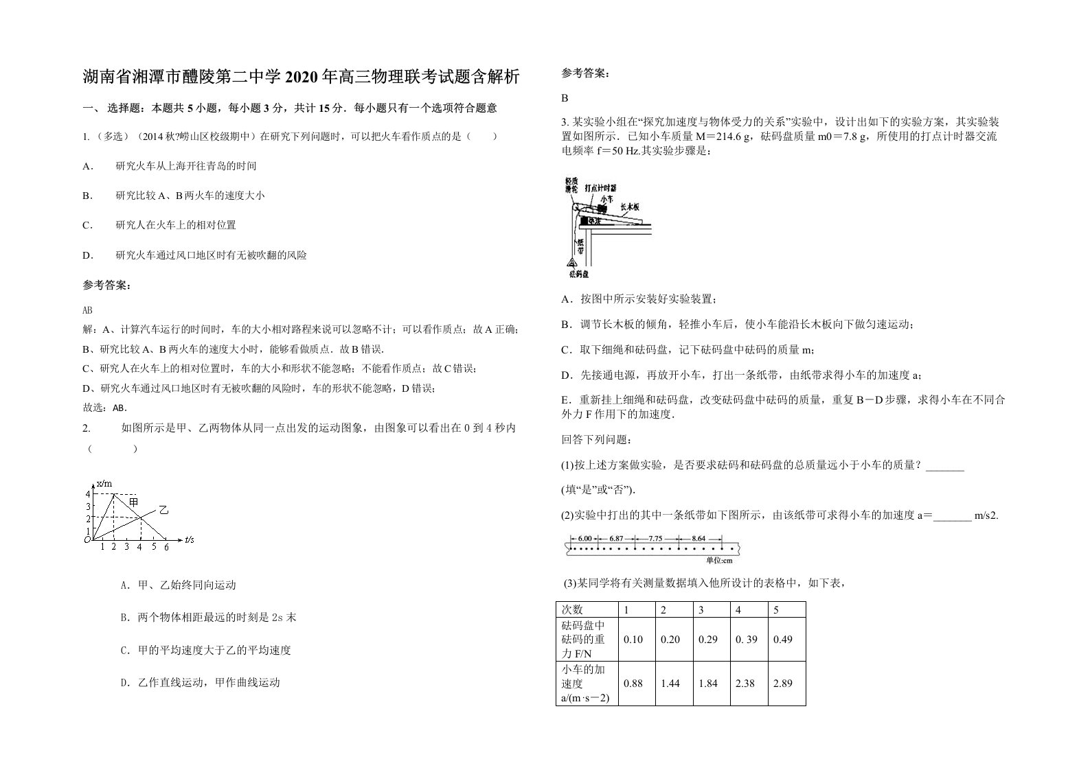 湖南省湘潭市醴陵第二中学2020年高三物理联考试题含解析