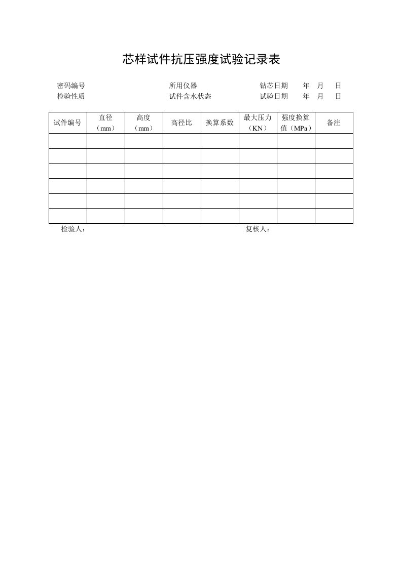 芯样试件抗压强度试验记录表