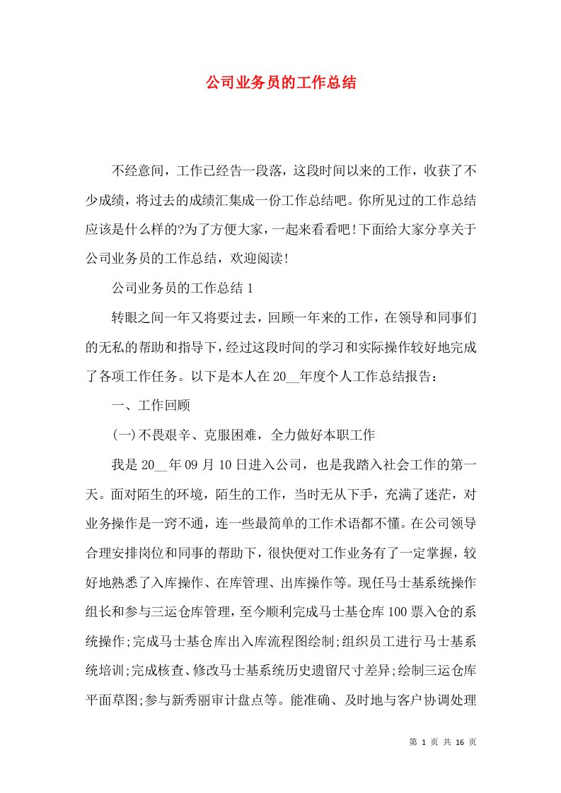 公司业务员的工作总结