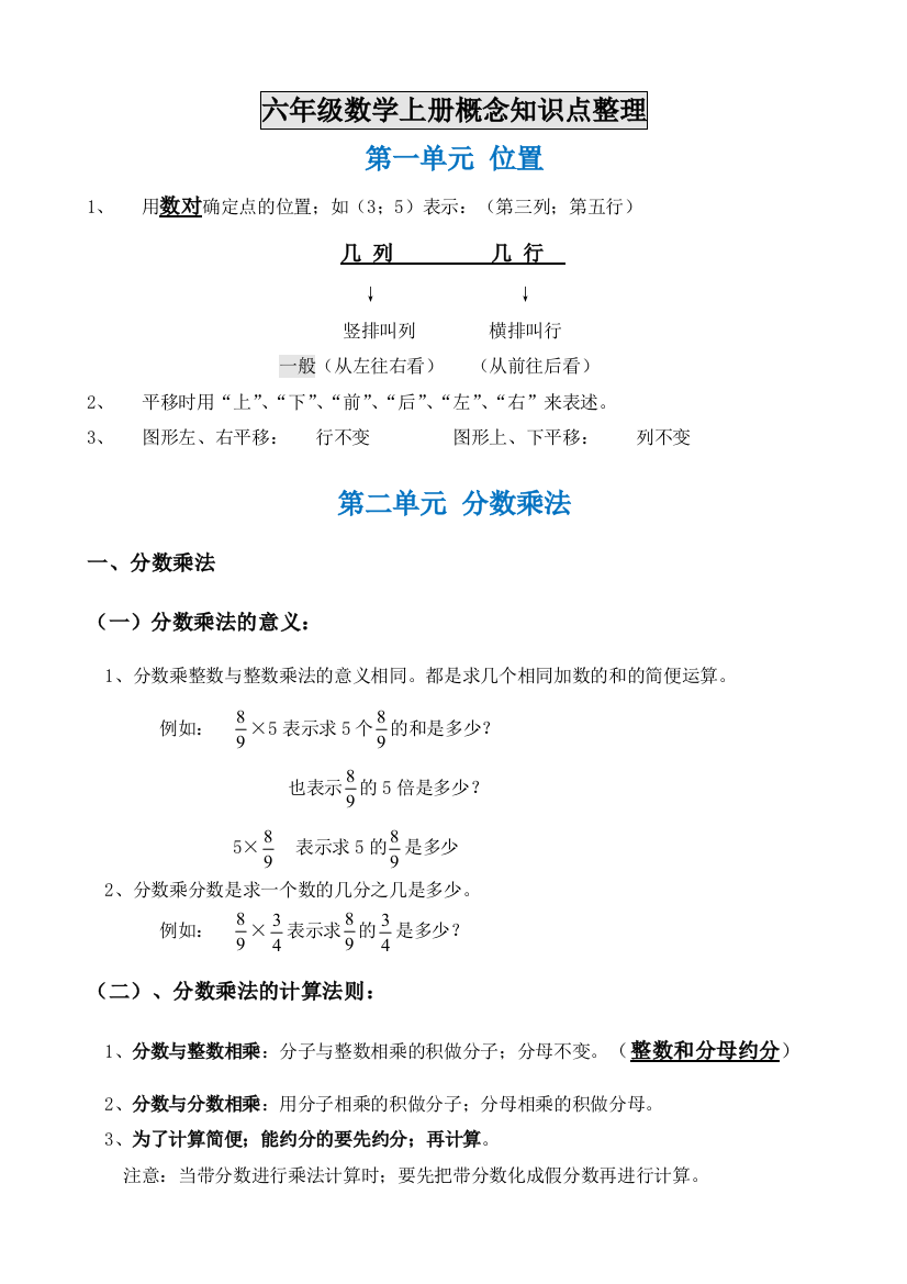 最新六年级数学上册分单元概念知识点附例题