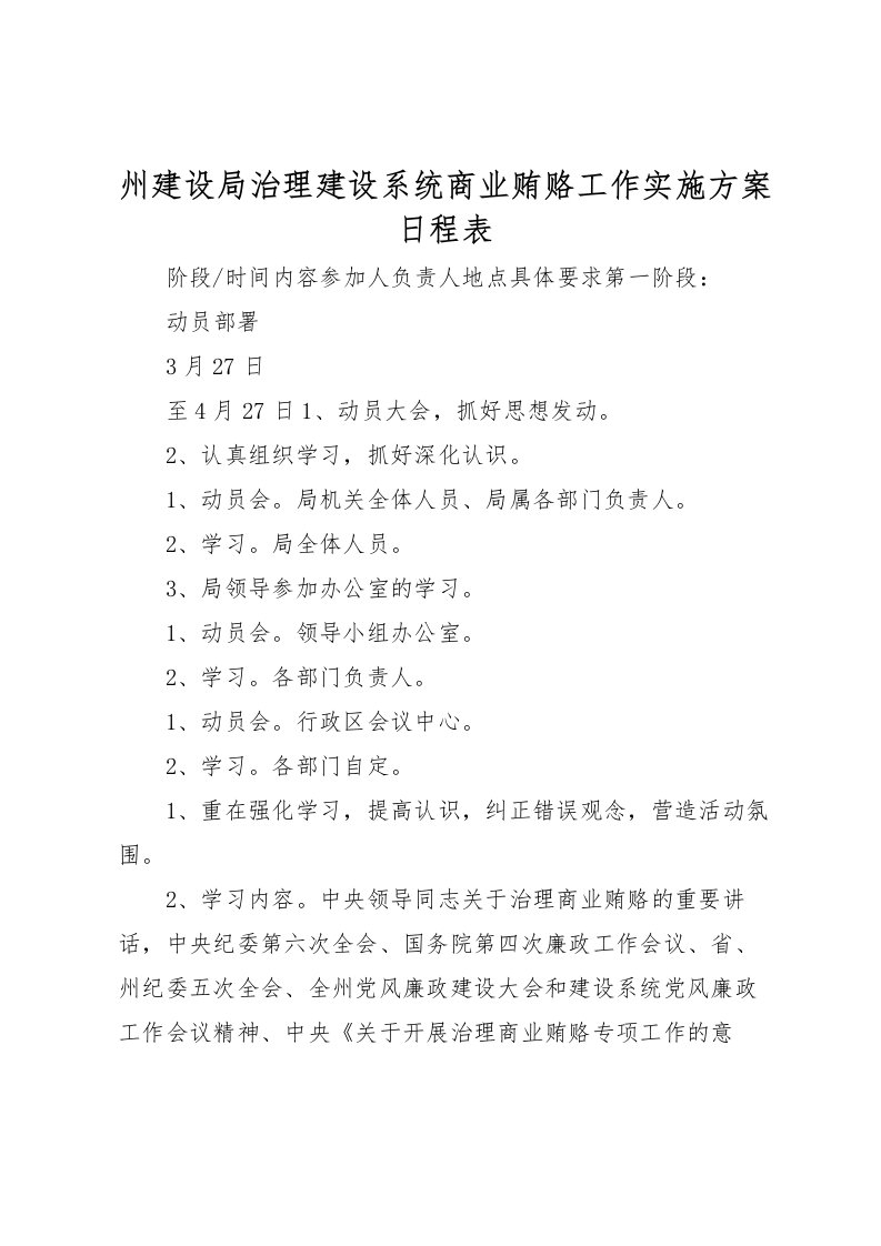 2022年州建设局治理建设系统商业贿赂工作实施方案日程表